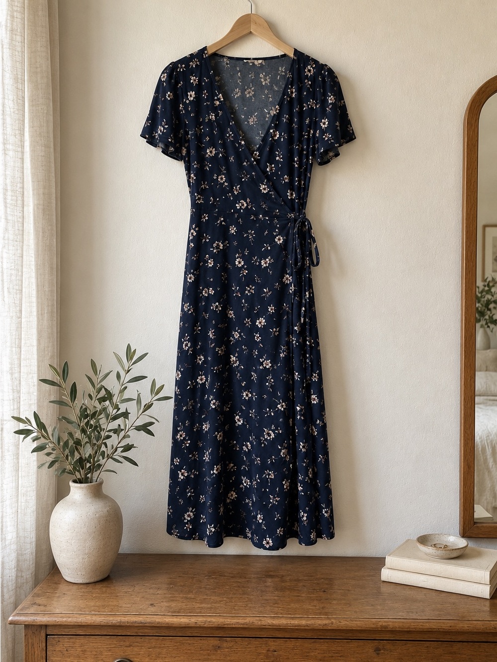 Women's Navy Floral Wrap Midi Dress with Tie Waist